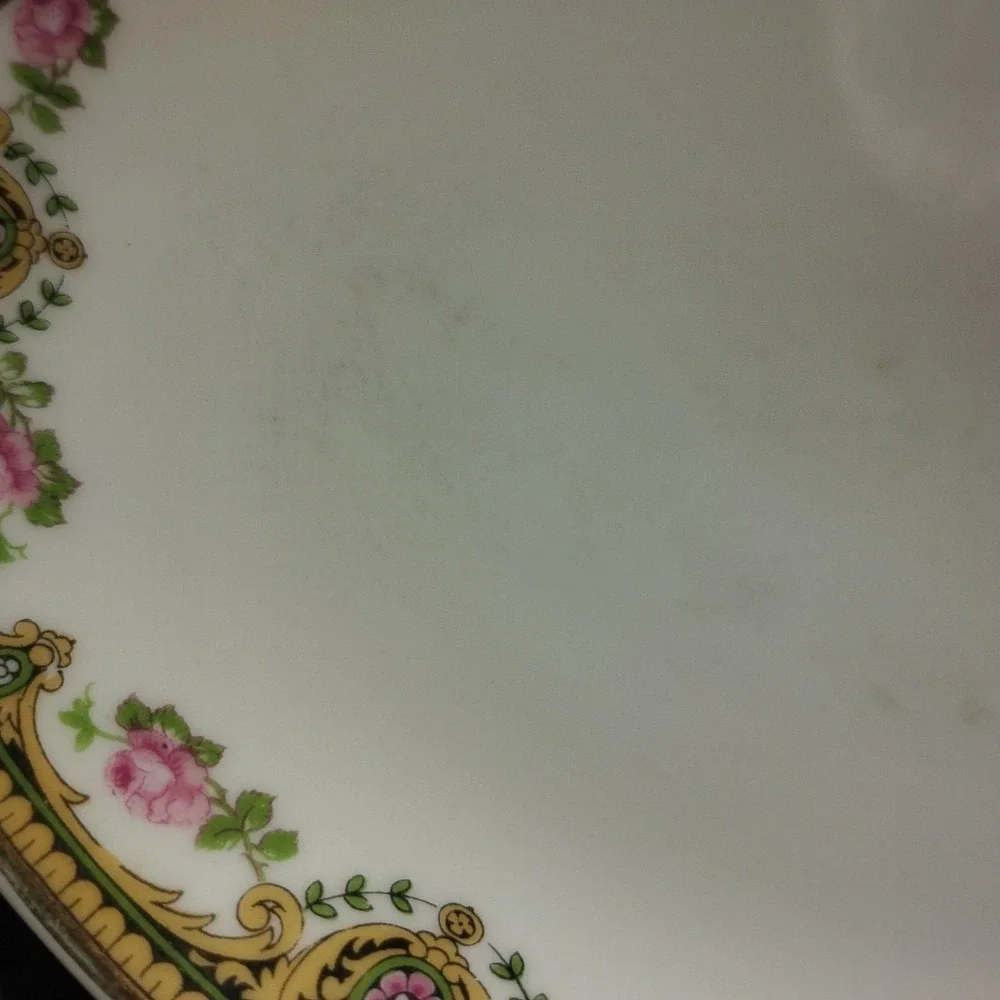 Antique U.C. Limoges Oval Bowl Serving Gilded Yellow Pink Floral Trim 2 handled‎